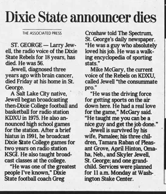 Newspaper article about Larry Jewell